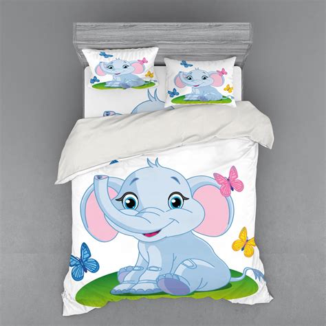 Nursery Duvet Cover Set, Baby Elephant Sitting on the Meadow in Spring Time with Butterflies ...