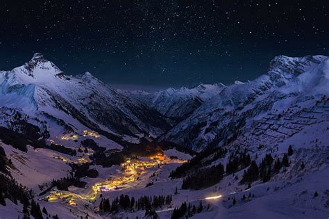 HD wallpaper: Man Made, Town, Light, Mountain, Night, Snow, Valley ...