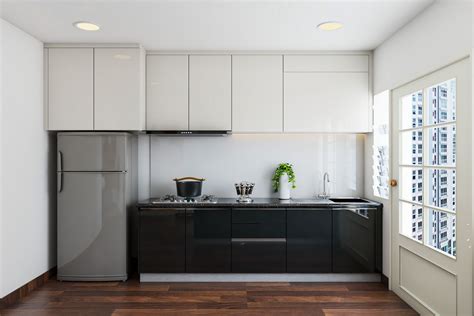 Black and White Kitchen Design with Dark Wood Flooring | Livspace