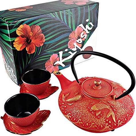 KIYOSHI Luxury Japanese Cast Iron Tea Set 7 Pieces – Red and Gold color – Teapot (27,05Oz ...