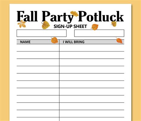 Fall Potluck Sign up Sheet Printable, Signup Form, Fall Party Potluck ...