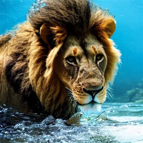 photo of lion swimming in river, underwater | Stable Diffusion