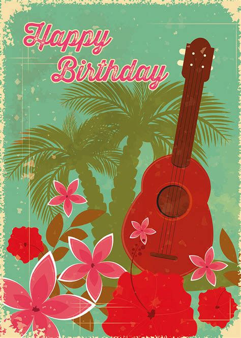 4 GREETING CARDS Hawaiian HAPPY BIRTHDAY Hawaiian Birthday Ukulele - Glittercard | eBay