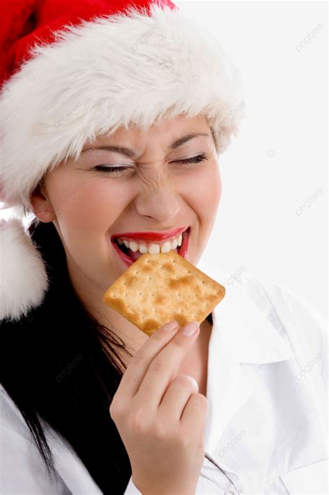 Woman Wearing Christmas Hat And Eating Biscuit Holy Twenties Occasion, Brunette, Snowflakes ...
