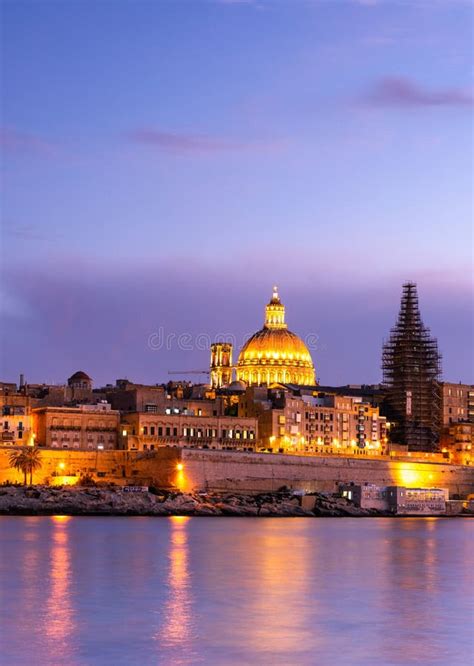 Illuminated Skyline of Valletta Capitol of Malta at Sunset Stock Photo - Image of europe ...