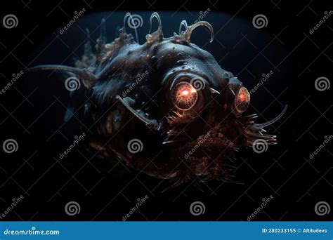 Deep-sea Anglerfish, with Bioluminescent Lure and Glowing Red Eyes, Searching for Prey Stock ...