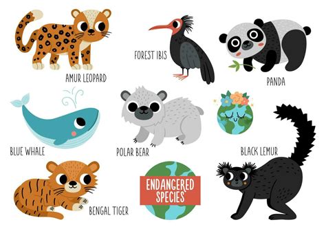 Vector endangered species set. Cute extinct animals collection. Funny ...