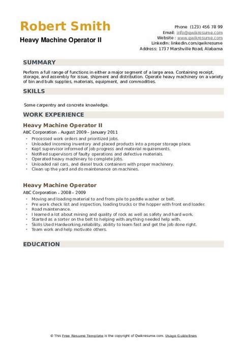 Heavy Machine Operator Resume Samples | QwikResume