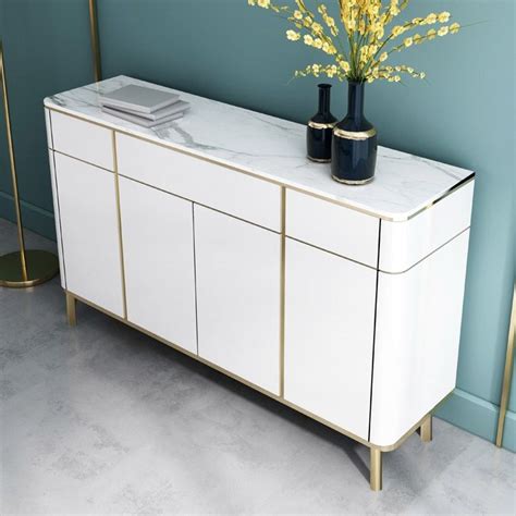 51" White Sideboard Buffet with Marble Top 4 Doors & 3 Drawers Gold ...