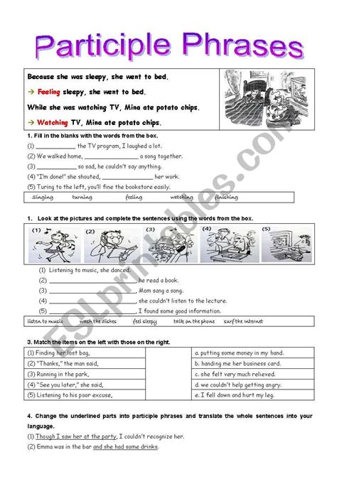 Exercises on Participles (Part2-Participle pharses) - ESL worksheet by ...