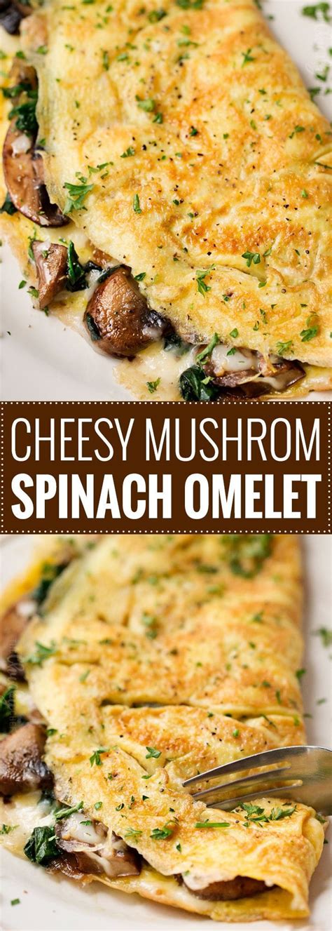 Cheesy Mushroom and Spinach Omelet | This easy browned omelet is filled with sautéed mushrooms ...