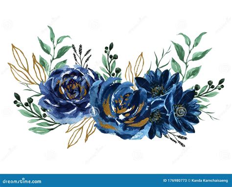 Watercolor Navy Blue Gold Green Bouquet Illustration Painted ...