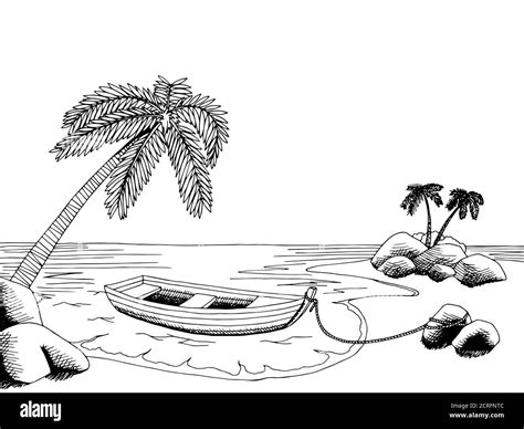 Sea boat graphic art black white landscape illustration vector Stock Vector Image & Art - Alamy