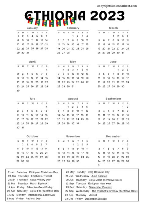 Ethiopia Calendar 2023 with Holidays - Free Printable in PDF