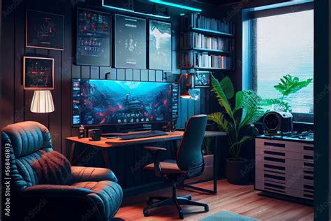 Interior of a cyberpunk colorful streaming and gaming studio for ...