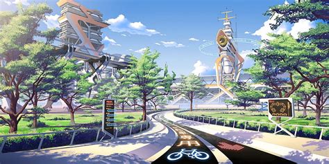 Ciudad del futuro, escénico, manga, futurista, árbol, japón, ciudad ...