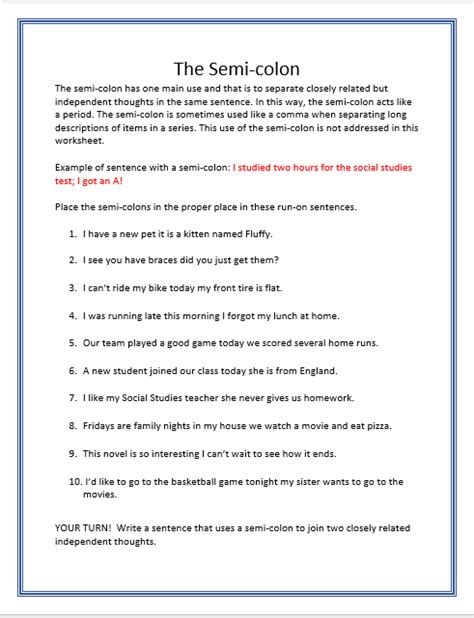 Colons And Semicolons Worksheet Year 6 valervasil