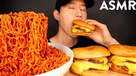 ASMR SPICY FIRE NOODLES & DOUBLE CHEESEBURGER MUKBANG (No Talking ...