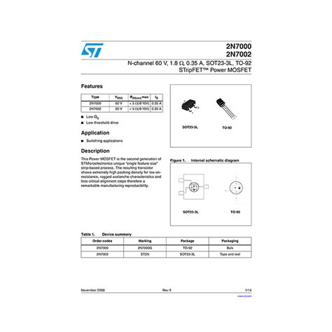 2N7000 ST N-channel 60V STripFET Power MOSFET Datasheet