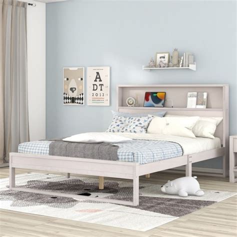 Queen Size Platform Bed With Storage Headboard, Outlets And Usb Ports, Antique White ...