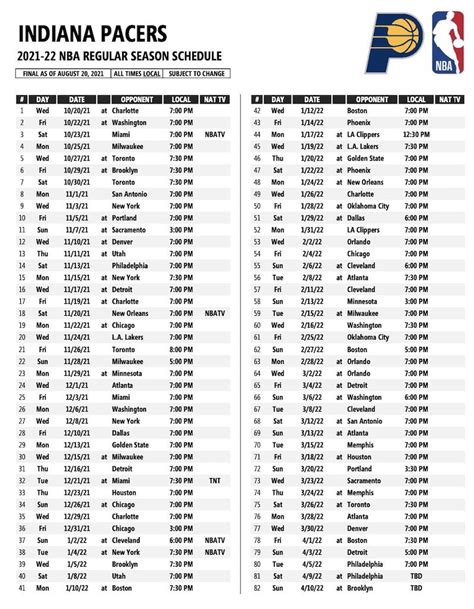 Indiana Pacers Printable Schedule