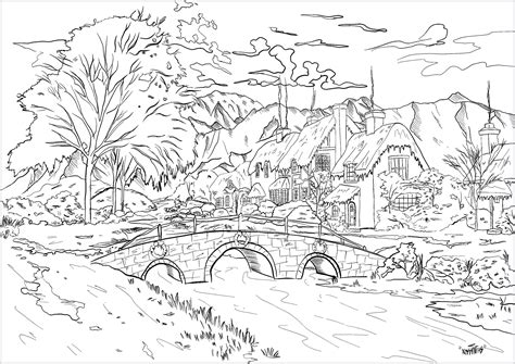 Snowy village - Landscape Coloring Pages for adults