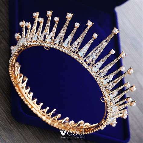 Luxury / Gorgeous Gold Tiara 2018 Metal Beading Pearl Rhinestone Accessories