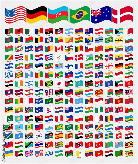 Vetor do Stock: All waved around the world flags with names collection, set, vector illustration ...