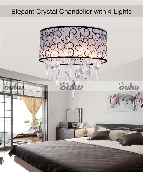 Crystal Drum Chandelier fabric shade 4 lights Ceiling lamp Pendant ...