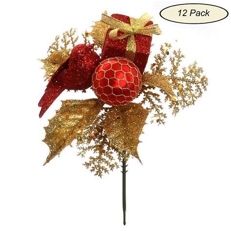 12-Pack Red & Gold Glitter Picks with Vibrant Gift Box, Dove Bird, & Ornament Ball | Festive ...