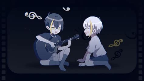 two anime characters sitting next to each other playing guitars in ...