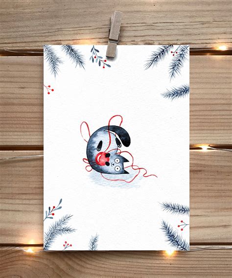 Printable christmas postcard watercolor cat print | Etsy