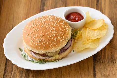 Hamburger with chips stock photo. Image of food, lunch - 56618934