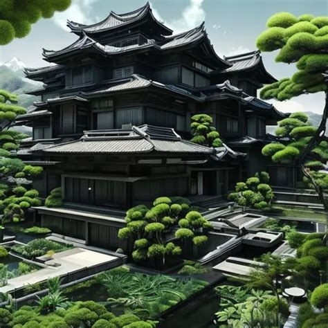 Black futuristic mansion in Japanese style with lot...