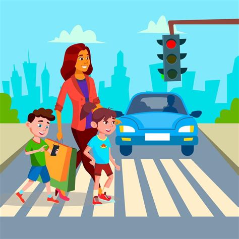 Mother With Children Walk At Crosswalk Vector. Isolated Illustration ...