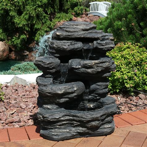 Sunnydaze Rock Falls Outdoor Water Fountain with LED Lights - Rock Waterfall Fountain & Backyard ...