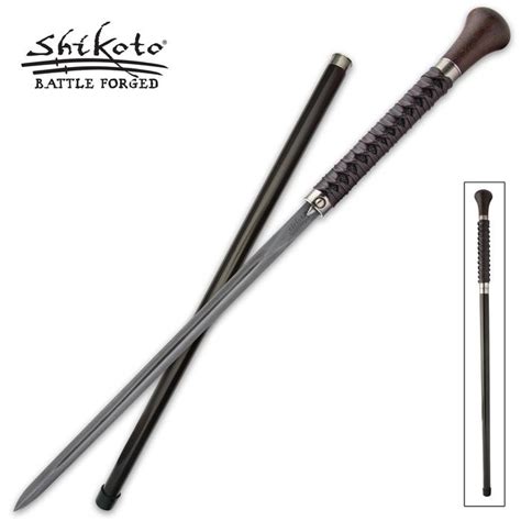 Shikoto Shinshi Sword Cane - Damascus Steel Blade, Brown Knob