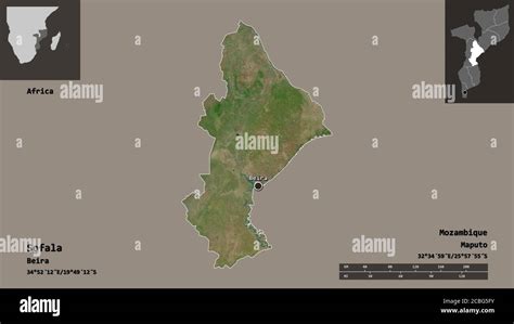 Shape of Sofala, province of Mozambique, and its capital. Distance scale, previews and labels ...