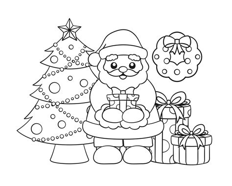 Santa Claus with gifts, wreath and Christmas tree outline line art doodle cartoon illustration ...