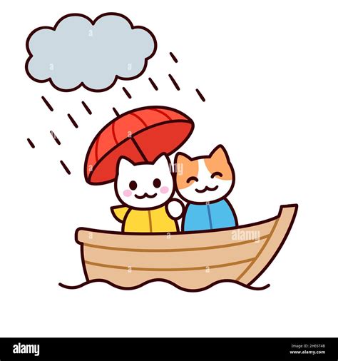 Cute cartoon cat couple drawing on a boat with umbrella. Two kawaii cats in rain together ...