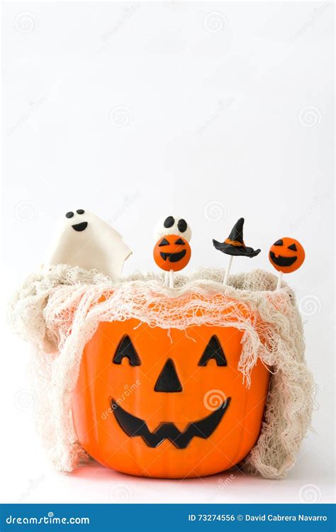 Halloween Cake Pops in a Basket with Pumpkin Shape Stock Photo - Image ...