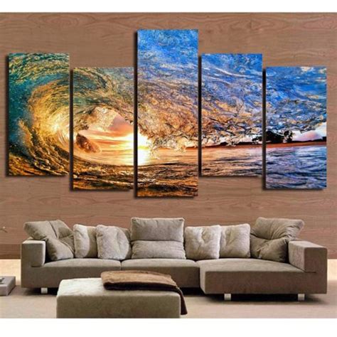 Ocean Sea Wave Sunset Seascape 2 – Nature 5 Panel Canvas Art Wall Decor – Canvas Storm