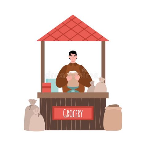 Local Street Market with Farmers and Buyers Cartoon Vector Illustration ...