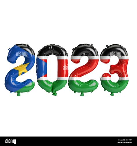 3d illustration of 2023 year balloons with South Sudan flag isolated on ...