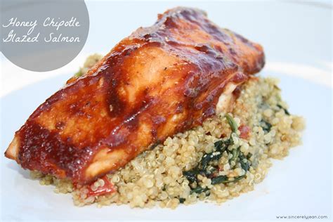 Honey Chipotle Glazed Salmon with Tomato and Spinach Quinoa - Sincerely Jean