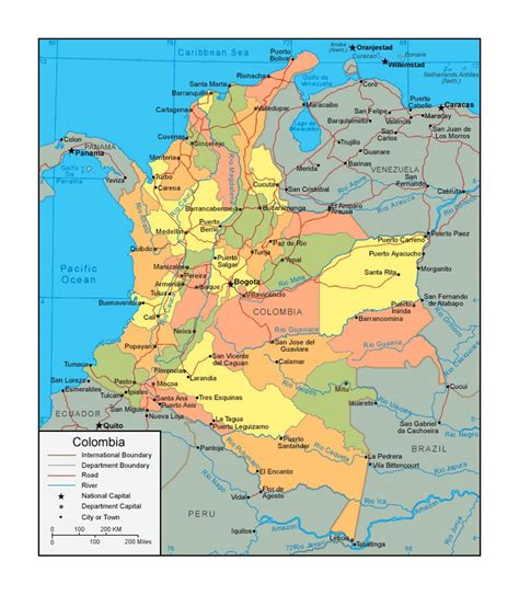 Political and administrative map of Colombia with roads and major cities | Colombia | South ...