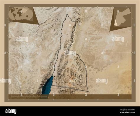 Aqaba, province of Jordan. Low resolution satellite map. Locations of major cities of the region ...