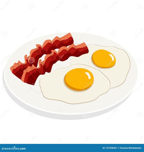 Fried Eggs with Bacon Breakfast on White Plate. Flat Vector ...