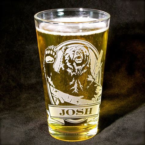 1 Personalized Beer Glass with Grizzly Bear, Etched Glass Pint Glass Gift for Dad - Brad Goodell ...