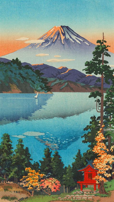 Lake Ashi - 日本浮世绘画家土屋光逸（Tsuchiya Koitsu）作品：秋日芦之湖 http://paper.ipad.ly | Japanese artwork ...